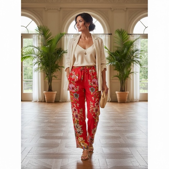 JOHNNY WAS Sz S Auriela BOHO Wide Leg Pants Coral Luxurious Silky Cupra Rayon